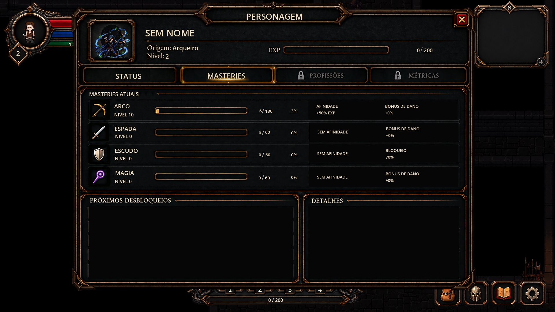 HUD real de Masteries: Arco, Espada, Escudo e Magia com experiência e afinidade