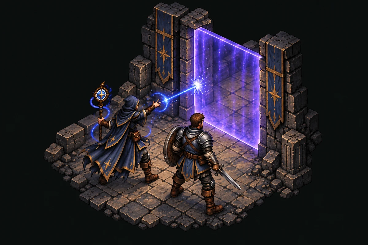 Uma Magic Wall ocupa a passagem: um guerreiro para antes dela e um projétil termina contra a barreira.