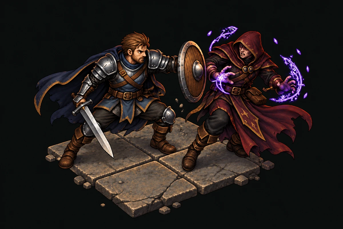 Guerreiro provoca um deslocamento curto de um conjurador; a magia em preparação se desfaz antes do disparo.